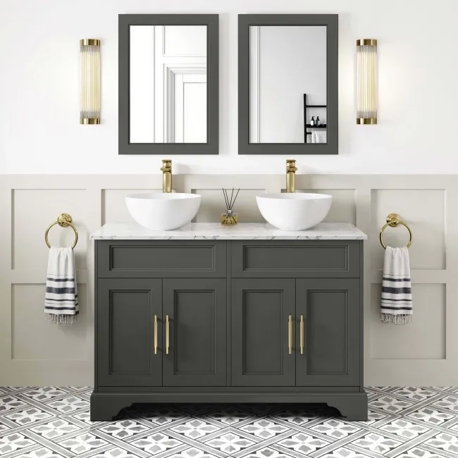 Lucia Graphite Grey Double Vanity Marble Top & Round Counter Top Basin 1200mm - Knurled Handles