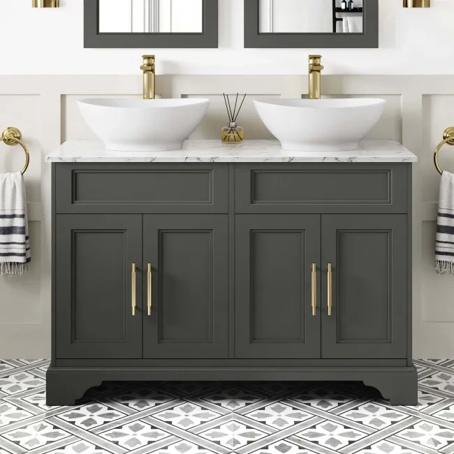Lucia Graphite Grey Double Vanity with Marble Top & Oval Counter Top Basin 1200mm - Knurled Handles