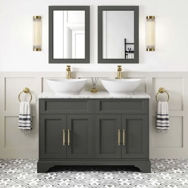 Lucia Graphite Grey Double Vanity with Marble Top & Oval Counter Top Basin 1200mm - Knurled Handles