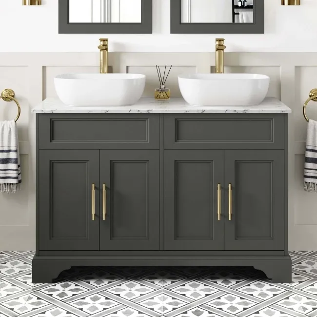 Lucia Graphite Grey Double Vanity Marble Top & Curved Counter Top Basin 1200mm - Knurled Handles