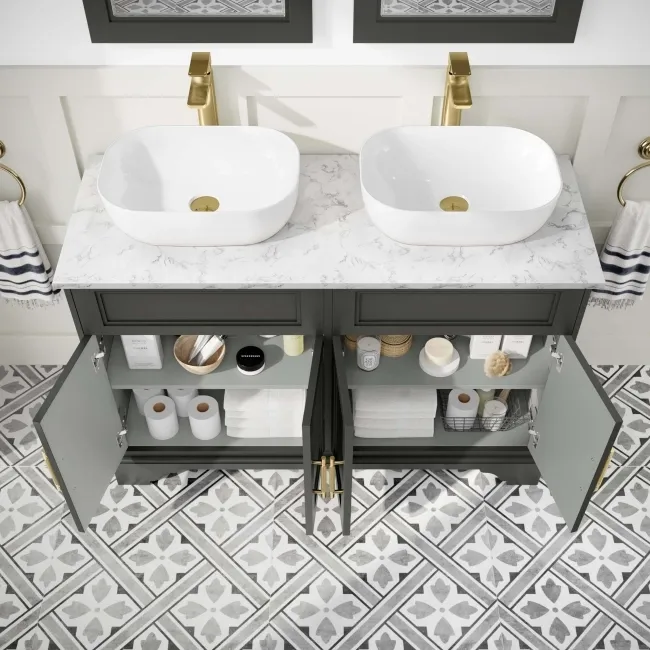 Lucia Graphite Grey Double Vanity Marble Top & Curved Counter Top Basin 1200mm - Knurled Handles