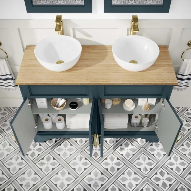 Lucia Inky Blue Double Vanity Oak Effect Top & Round Counter Top Basin 1200mm - Knurled Handles