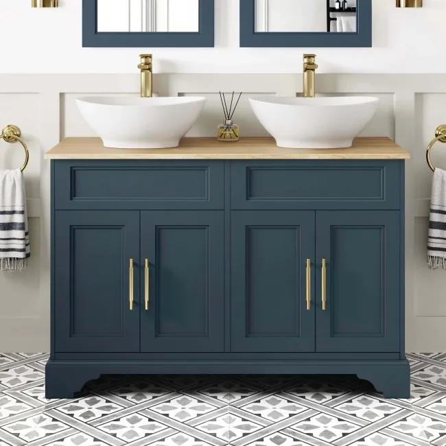 Lucia Inky Blue Double Vanity with Oak Effect Top & Oval Counter Top Basin 1200mm - Knurled Handles