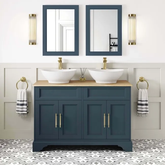 Lucia Inky Blue Double Vanity with Oak Effect Top & Oval Counter Top Basin 1200mm - Knurled Handles