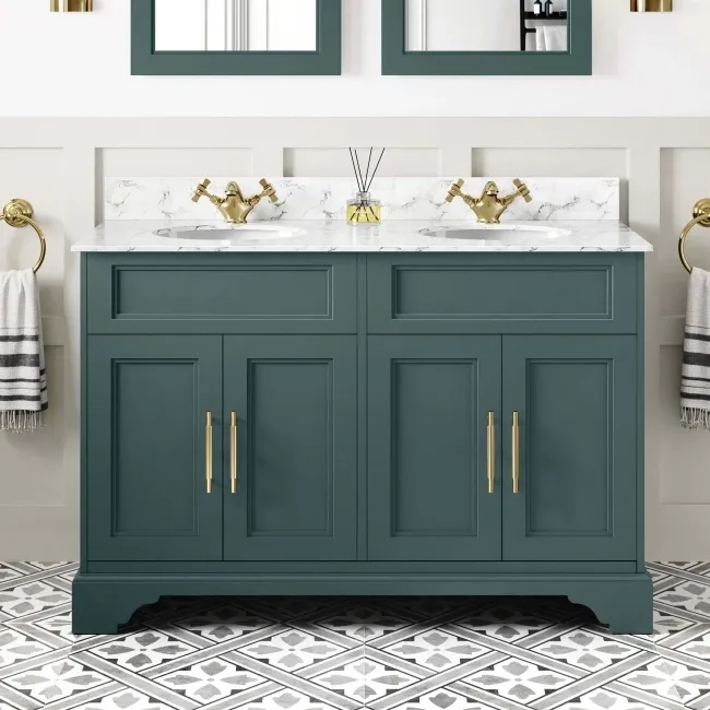 Lucia Midnight Green Double Vanity with Marble Top & Undermount Basins 1200mm - Knurled Handles