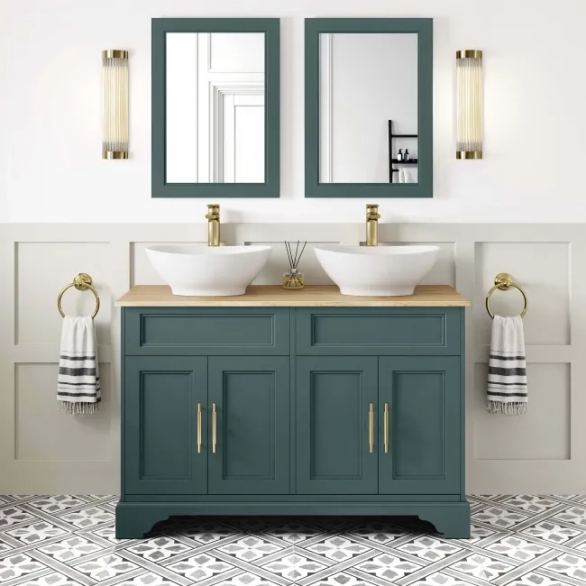 Lucia Midnight Green Double Vanity Oak Effect Top & Oval Counter Top Basin 1200mm - Knurled Handles