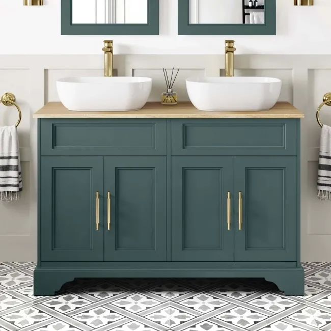 Lucia Midnight Green Double Vanity Oak Effect Top & Curved Counter Top Basin 1200mm Knurled Handles