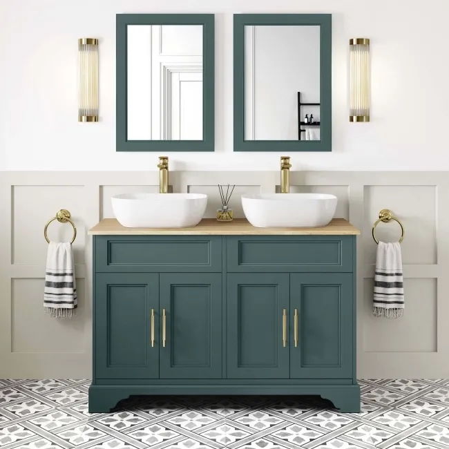 Lucia Midnight Green Double Vanity Oak Effect Top & Curved Counter Top Basin 1200mm Knurled Handles