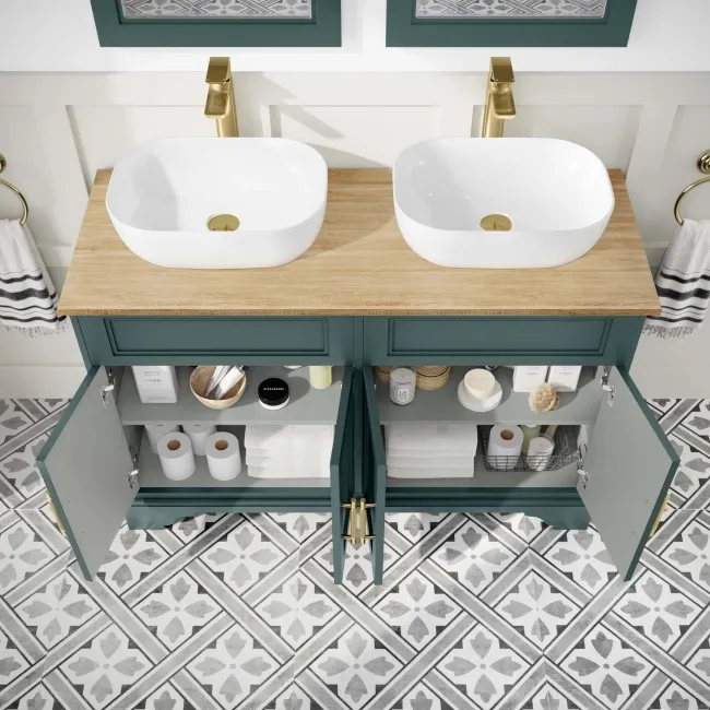 Lucia Midnight Green Double Vanity Oak Effect Top & Curved Counter Top Basin 1200mm Knurled Handles