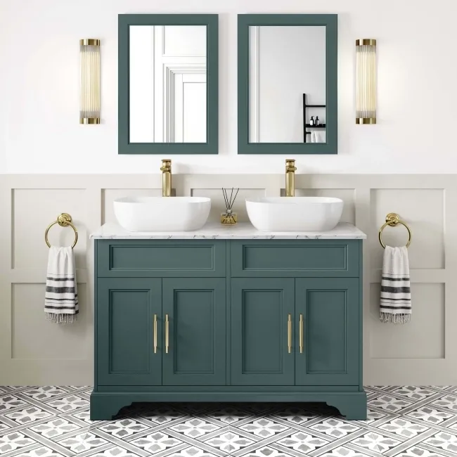 Lucia Midnight Green Double Vanity Marble Top & Curved Counter Top Basin 1200mm - Knurled Handles
