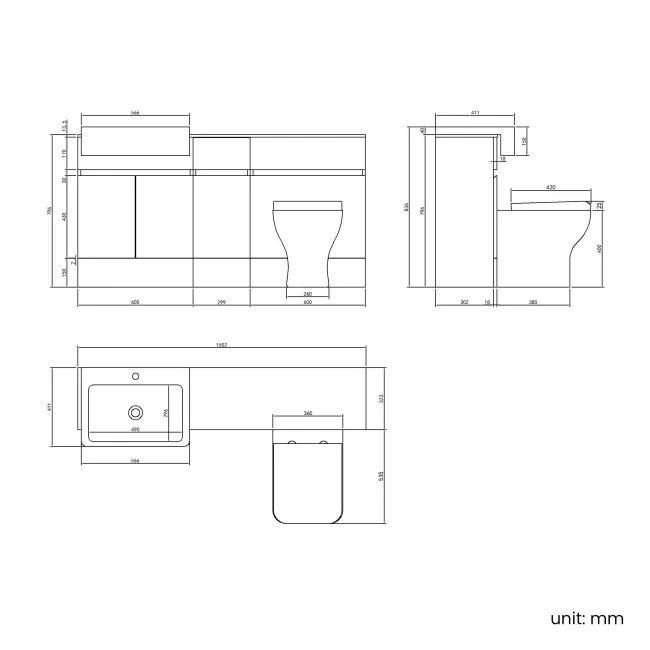 Foster Stone Grey Combination Vanity Basin with Marble Top & Houston Toilet 1500mm