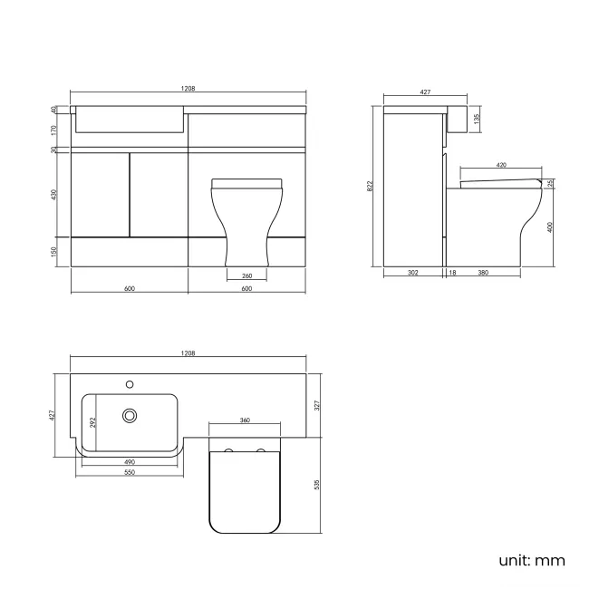 Foster Tungsten Grey Combination Vanity Basin and Houston Toilet 1200mm - Left Handed