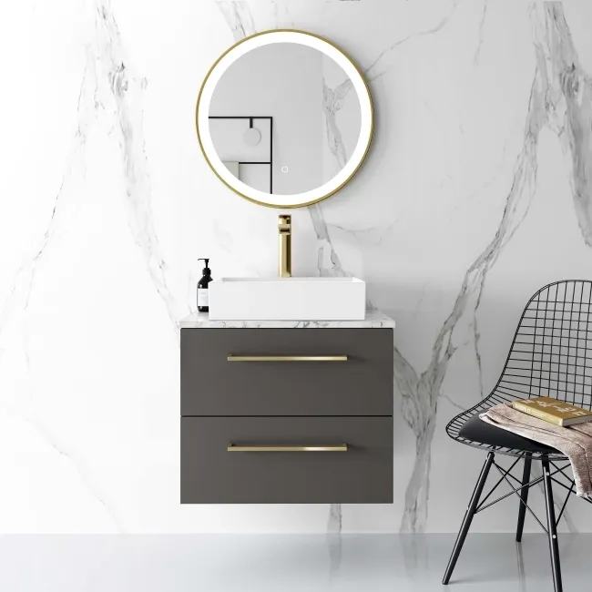 Elba Graphite Grey Wall Hung Drawer Vanity Marble Top & Cody Basin 600mm - Brushed Brass Accents