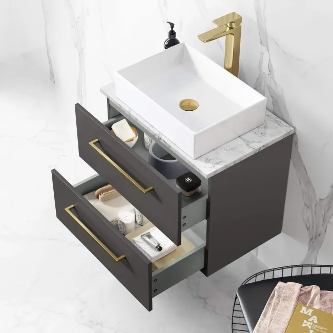 Elba Graphite Grey Wall Hung Drawer Vanity Marble Top & Cody Basin 600mm - Brushed Brass Accents