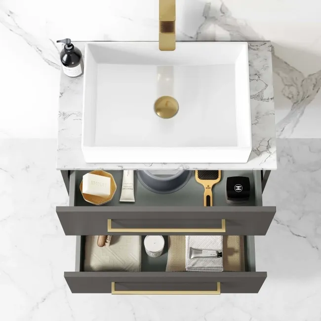 Elba Graphite Grey Wall Hung Drawer Vanity Marble Top & Cody Basin 600mm - Brushed Brass Accents