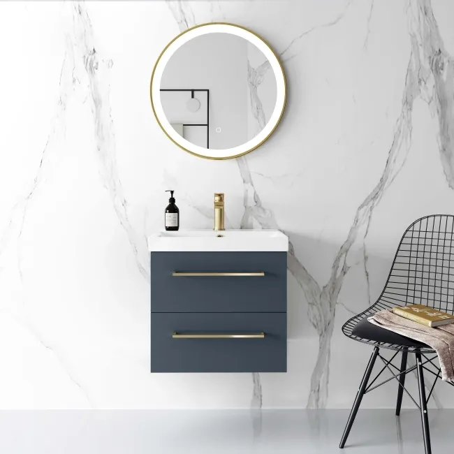 Elba Inky Blue Wall Hung Basin Drawer Vanity 500mm - Brushed Brass Accents