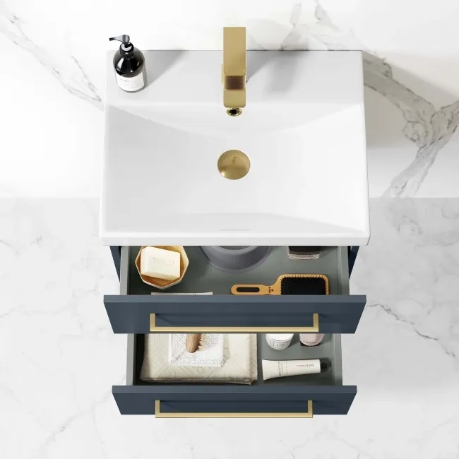 Elba Inky Blue Wall Hung Basin Drawer Vanity 500mm - Brushed Brass Accents