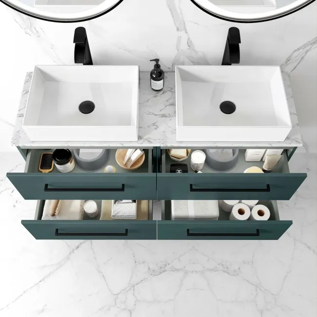 Elba Midnight Green Double Wall Hung Drawer Vanity Marble Top & Cody Basin 1200mm - Black Accents