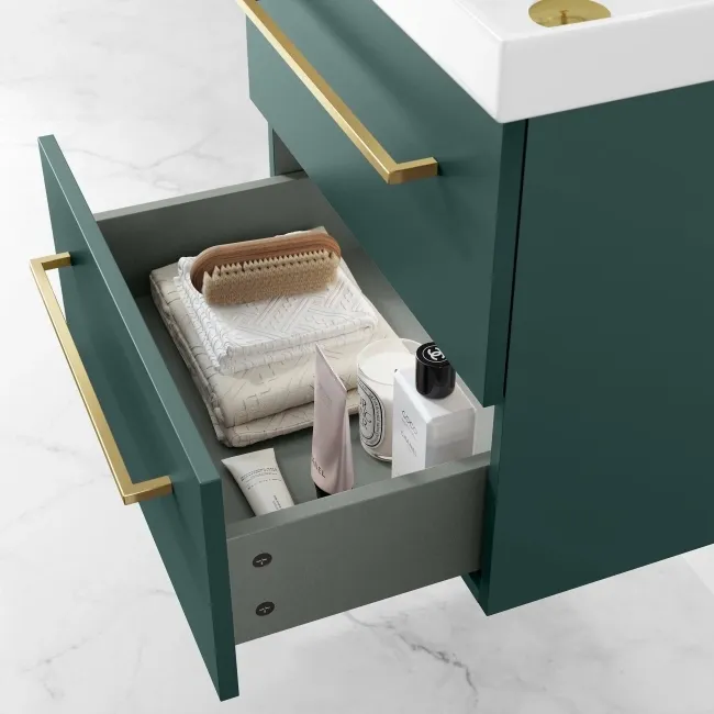Elba Midnight Green Wall Hung Basin Drawer Vanity 500mm - Brushed Brass Accents