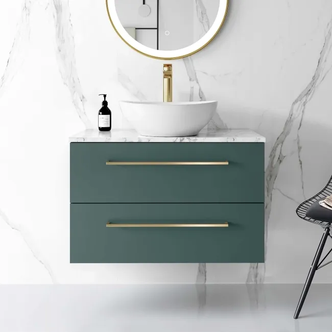 Elba Midnight Green Wall Hung Vanity Marble Top & Oval Counter Top Basin 800mm - Brass Accents