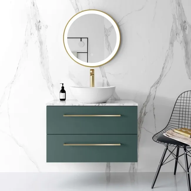 Elba Midnight Green Wall Hung Vanity Marble Top & Oval Counter Top Basin 800mm - Brass Accents