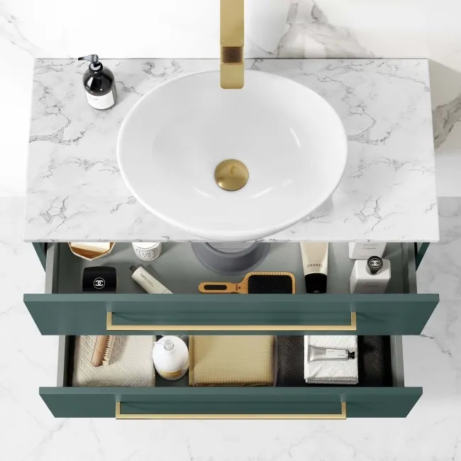 Elba Midnight Green Wall Hung Vanity Marble Top & Oval Counter Top Basin 800mm - Brass Accents