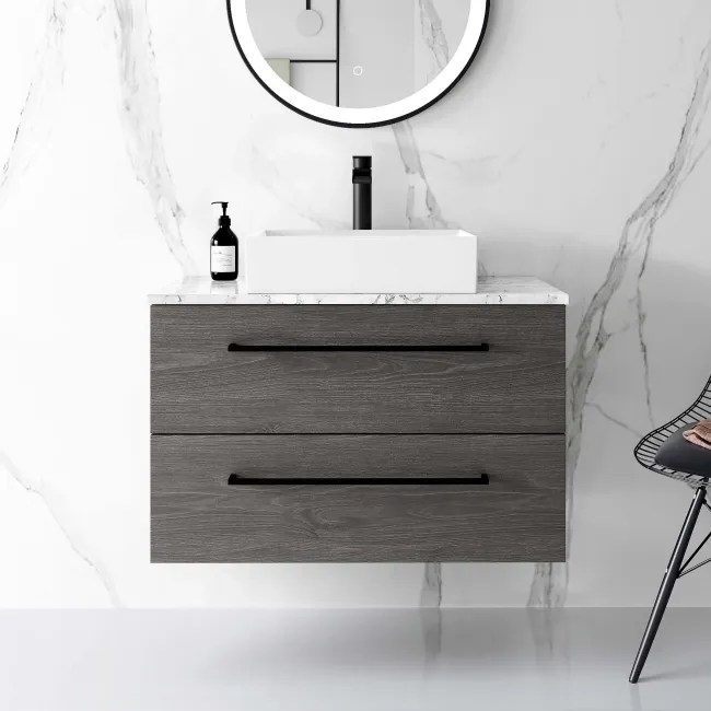 Elba Charcoal Elm Wall Hung Drawer Vanity with Marble Top & Cody Basin 800mm - Black Accents
