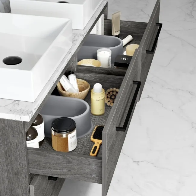 Elba Charcoal Elm Double Wall Hung Drawer Vanity with Marble Top & Cody Basin 1200mm - Black Accents