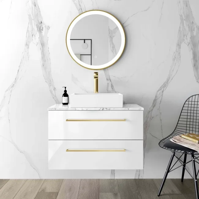 Elba Gloss White Wall Hung Drawer Vanity with Marble Top & Cody Basin 800mm - Brushed Brass Accents