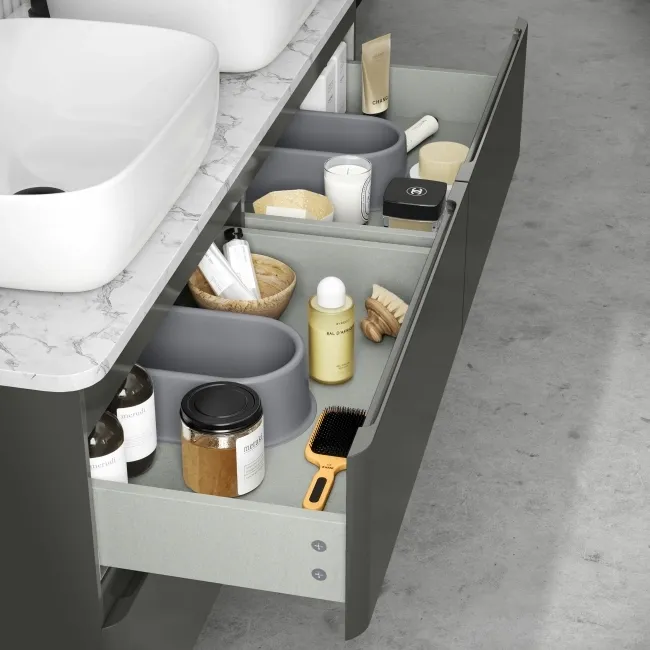 Corsica Tungsten Grey Wall Hung Drawer Vanity with Marble Top & Curved Counter Top Basin 1200mm
