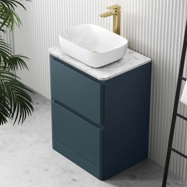 Corsica Inky Blue Vanity Drawer with Marble Top & Curved Counter Top Basin 600mm