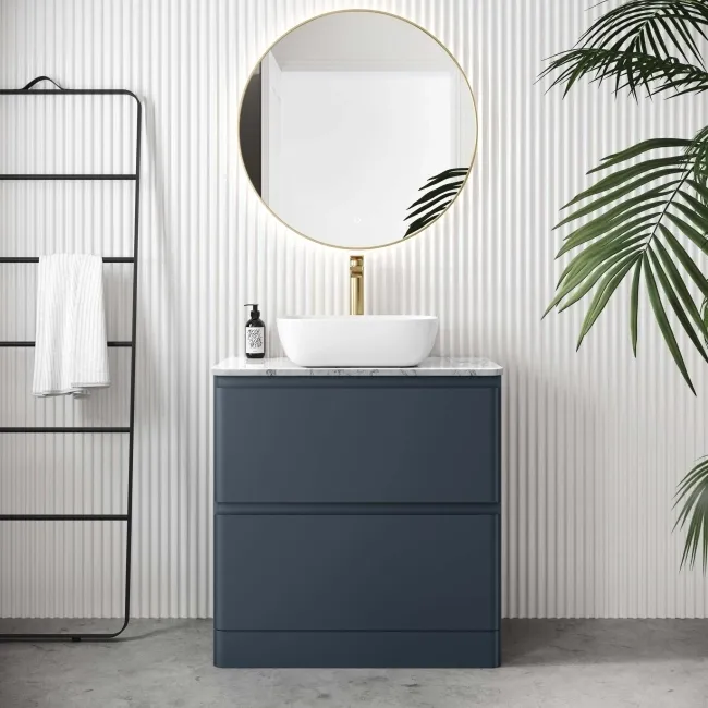 Corsica Inky Blue Vanity Drawer with Marble Top & Curved Counter Top Basin 800mm