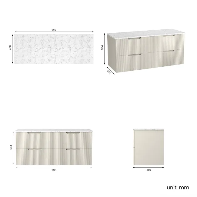 Crete Fluted Linen White Double Wall Hung Vanity Marble Top 1200mm - Excludes Counter Top Basin