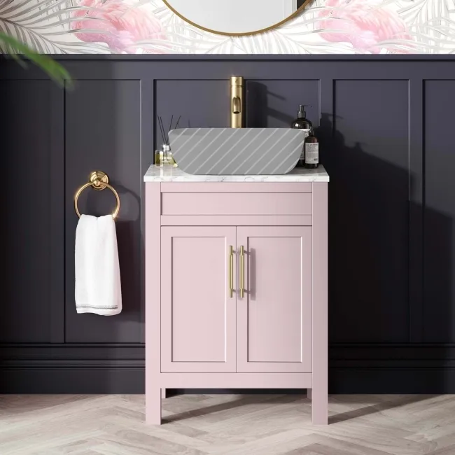 Bermuda Cashmere Pink Cabinet with Marble Top 600mm (Excludes Basin) - Brass Knurled Handles
