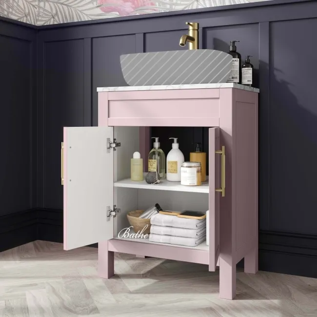 Bermuda Cashmere Pink Cabinet with Marble Top 600mm (Excludes Basin) - Brass Knurled Handles