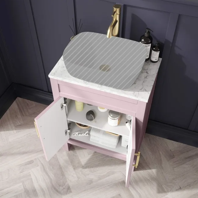 Bermuda Cashmere Pink Cabinet with Marble Top 600mm (Excludes Basin) - Brass Knurled Handles