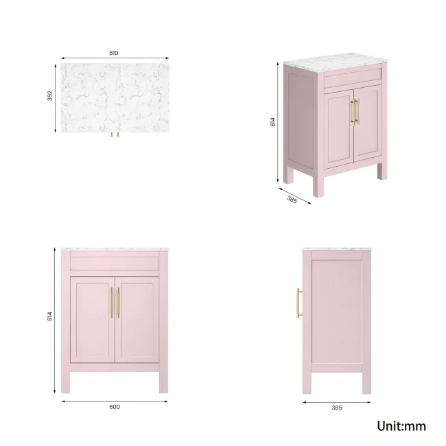 Bermuda Cashmere Pink Cabinet with Marble Top 600mm (Excludes Basin) - Brass Knurled Handles