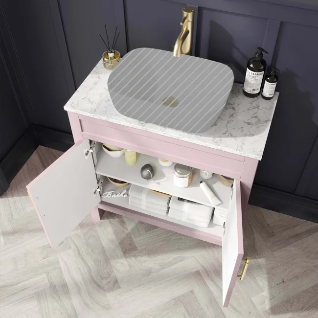 Bermuda Cashmere Pink Cabinet with Marble Top 800mm (Excludes Basin) - Brass Knurled Handles