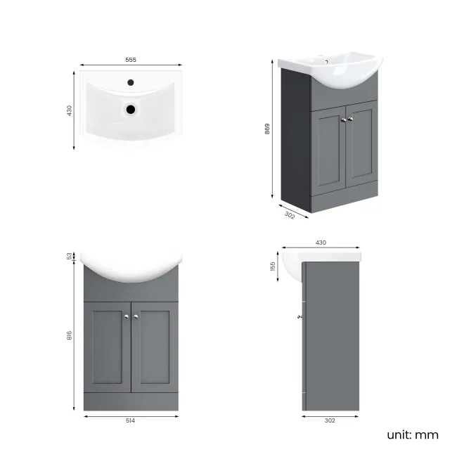 Capri Fog Grey Vanity with Semi Recessed Basin 550mm - Chrome Handles
