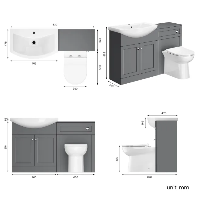 Capri Fog Grey Combination Vanity Basin and Aruba Toilet 1350mm - Chrome Handles