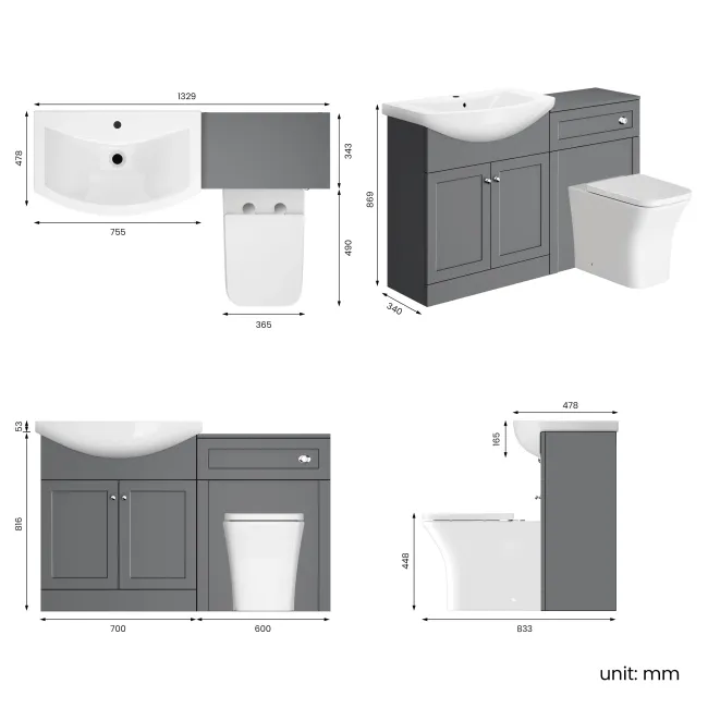 Capri Fog Grey Combination Vanity Basin and Houston Toilet 1350mm - Chrome Handles
