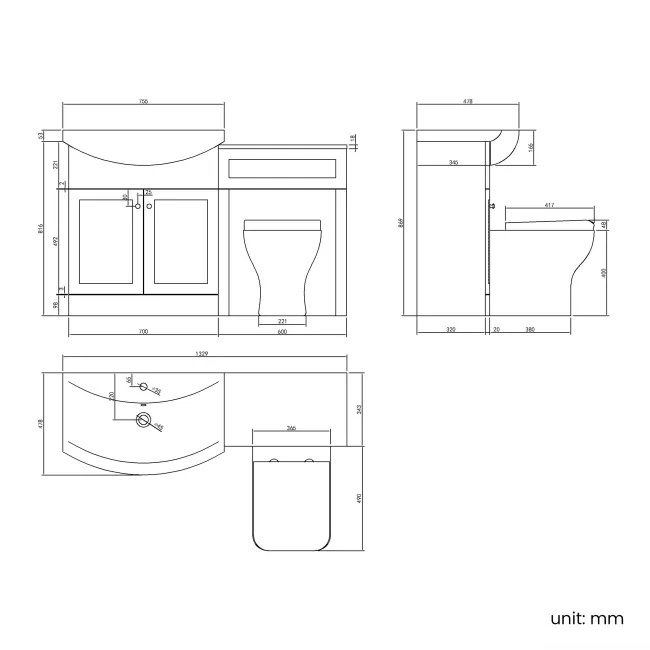 Capri Fog Grey Combination Vanity Basin and Houston Toilet 1350mm - Chrome Handles