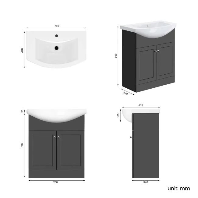 Capri Slate Grey Vanity with Semi Recessed Basin 750mm - Chrome Handles