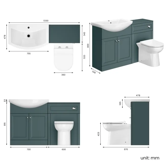 Capri Mystic Green Combination Vanity Basin and Aruba Toilet 1350mm - Chrome Handles