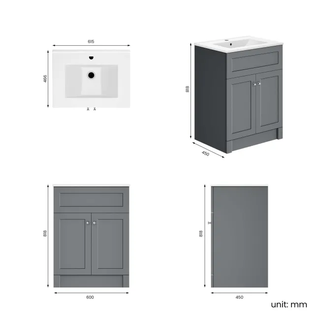 Milos Fog Grey Basin Vanity 600mm - Brushed Handles