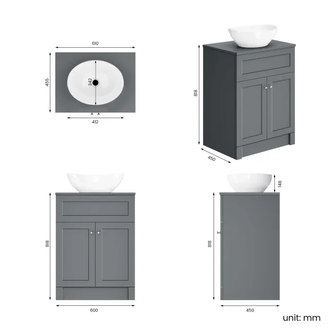 Milos Fog Grey Vanity with Oval Basin 600mm - Brushed Handles