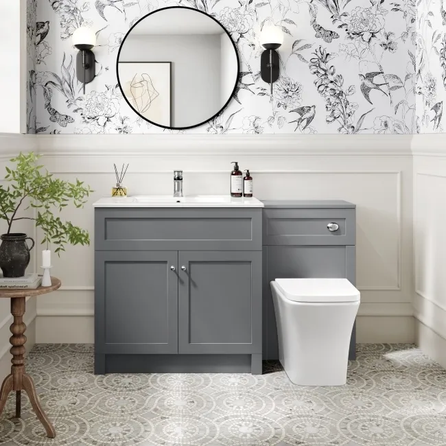 Milos Fog Grey Combination Vanity Basin and Houston Toilet 1300mm - Chrome Handles