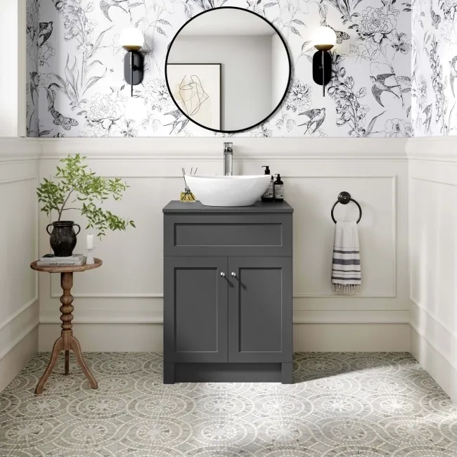 Milos Slate Grey Vanity with Oval Basin 600mm - Brushed Handles