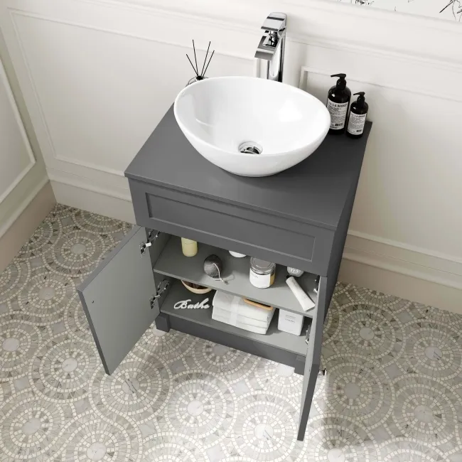 Milos Slate Grey Vanity with Oval Basin 600mm - Brushed Handles