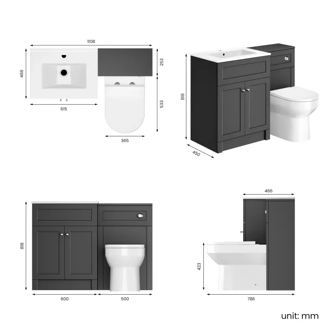 Milos Slate Grey Combination Vanity Basin and Miami Toilet 1100mm - Chrome Handles